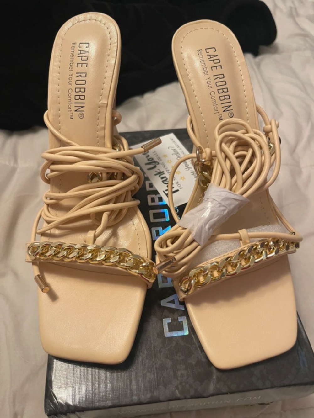 Lace up gold chain heels